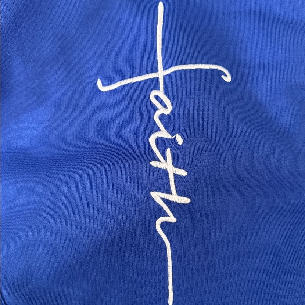 Faith Cross Christian Hoodie Blue Asymmetrical Wrap Pullover Women’s Large - Picture 5 of 10